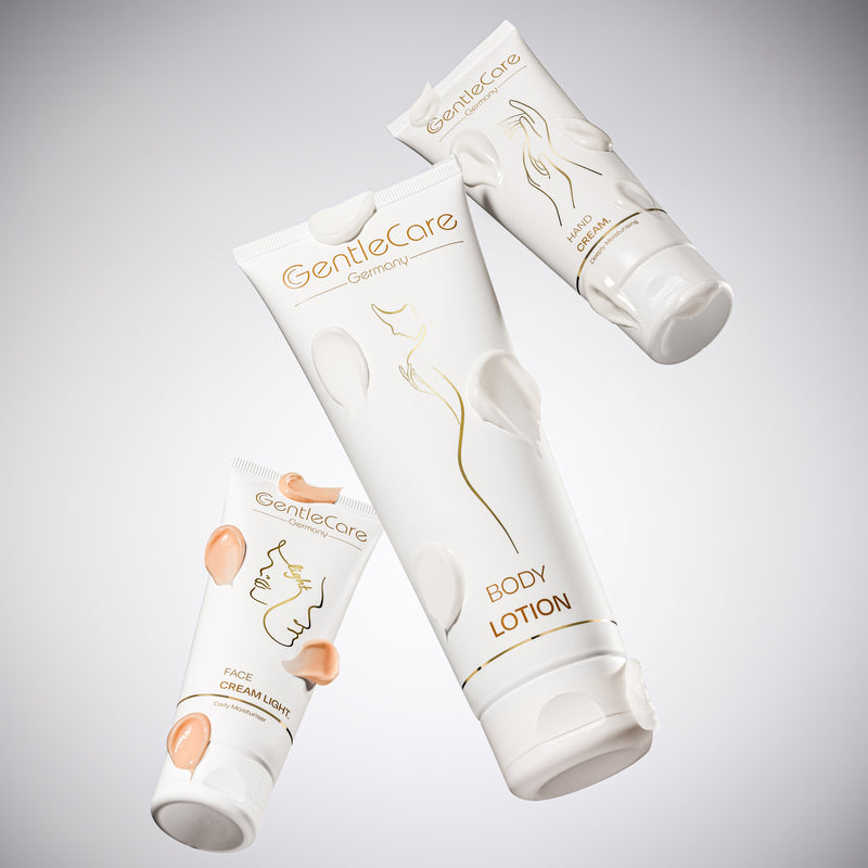 Two Gentlecare body lotion tubes on a gray background