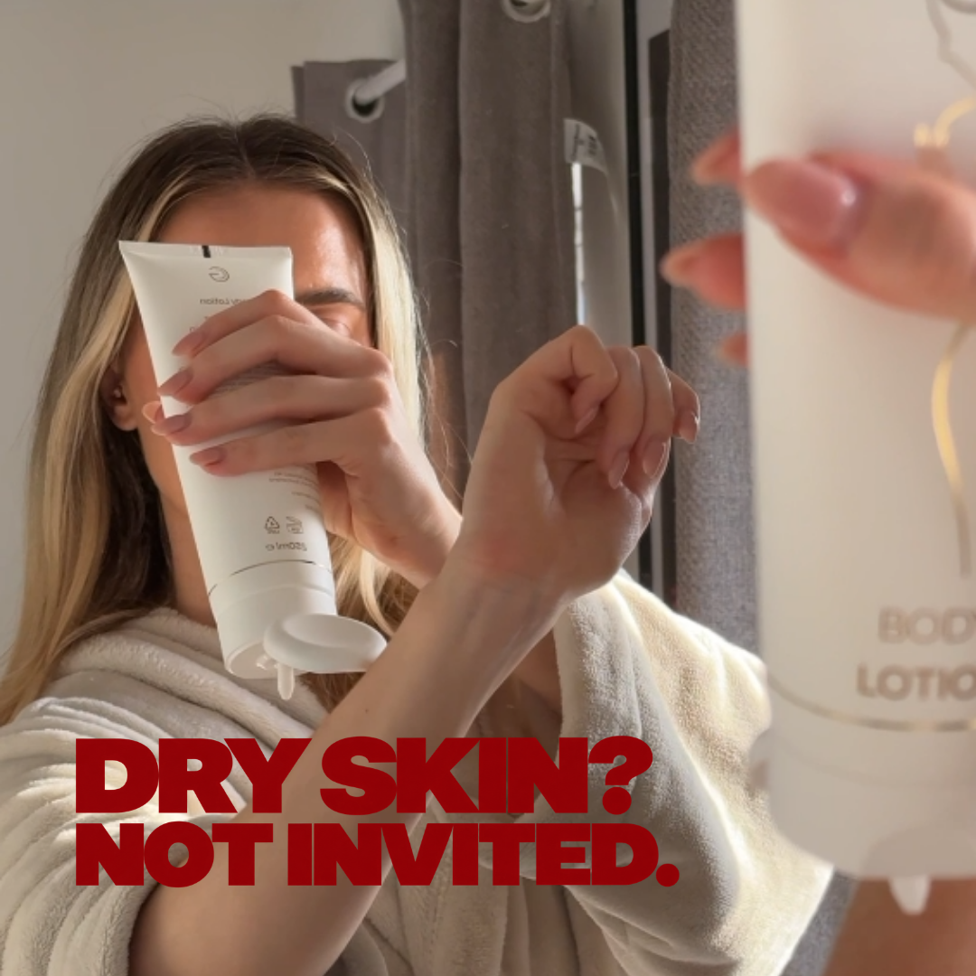 Woman in a bathrobe squeezing GentleCare Body Lotion onto her arm, with the line 'Dry skin? Not invited.'