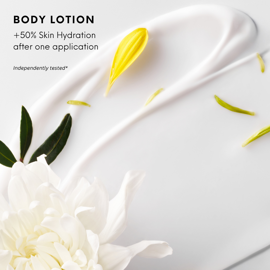 Body Lotion swirl with white petals and the note '+50% skin hydration after one application, independently tested*'