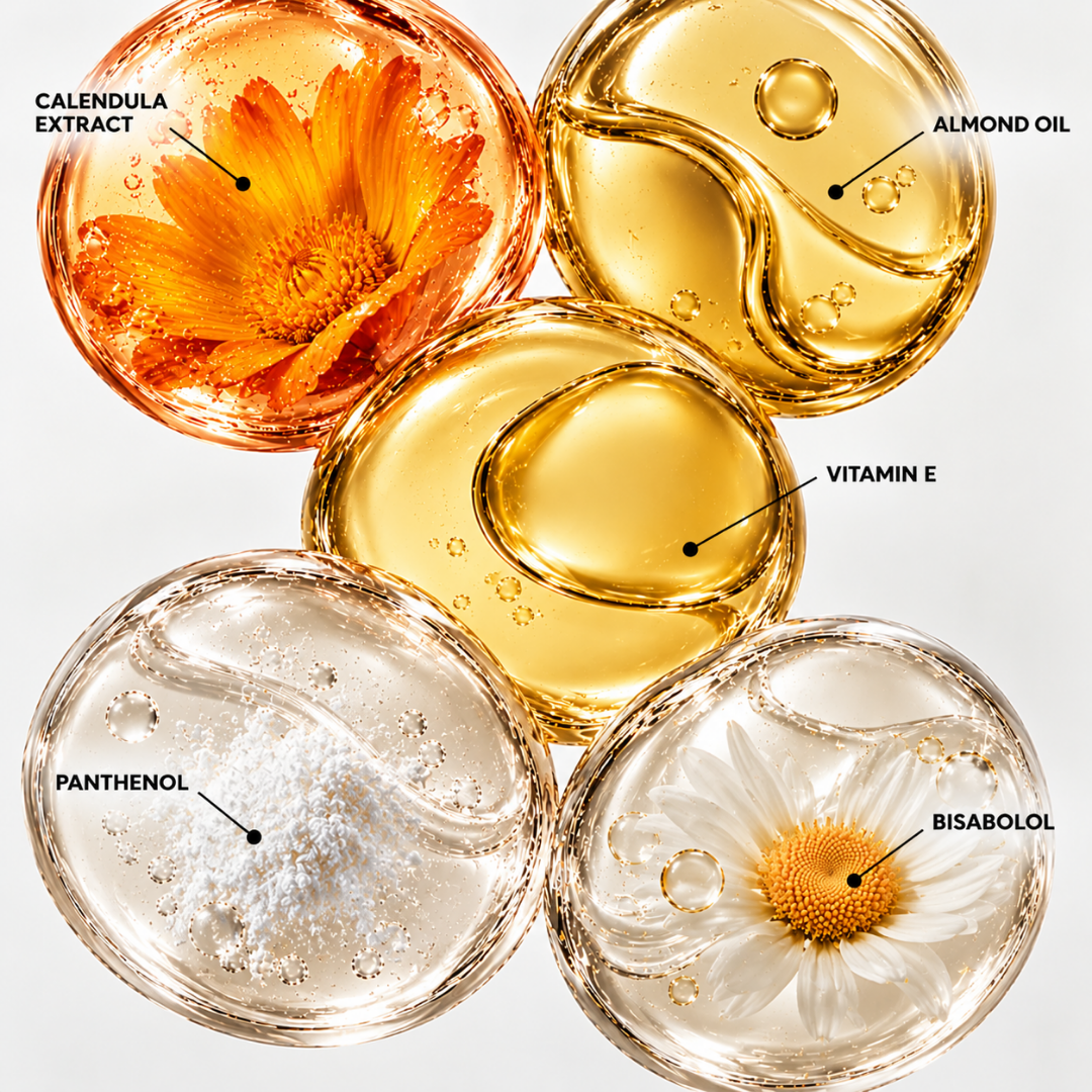 Glossy droplets of calendula extract, almond oil, vitamin E, panthenol and bisabolol, the ingredients in GentleCare Body Lotion