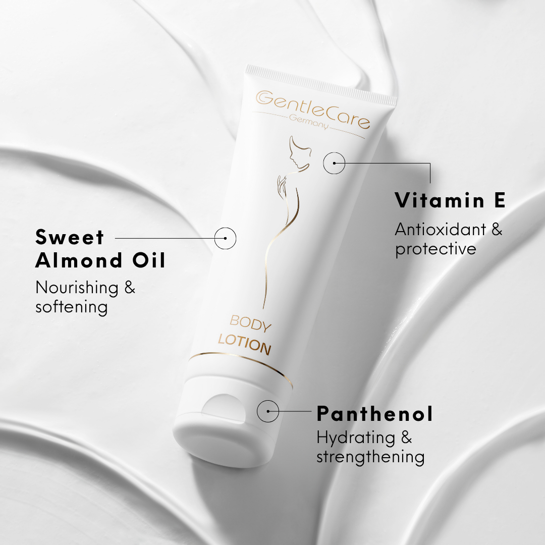 GentleCare Body Lotion tube on a cream swirl, labelled with sweet almond oil, vitamin E and panthenol