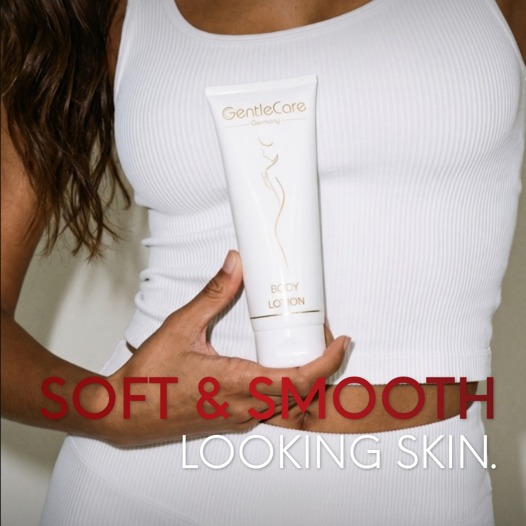 Woman in a white ribbed top holding a GentleCare Body Lotion tube, with the line 'Soft & smooth looking skin.'